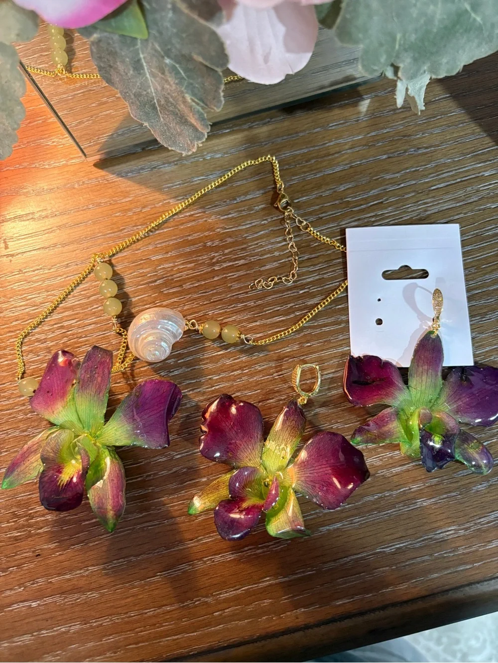 Handcrafted Purple and Green Orchid Necklace and Earring Set